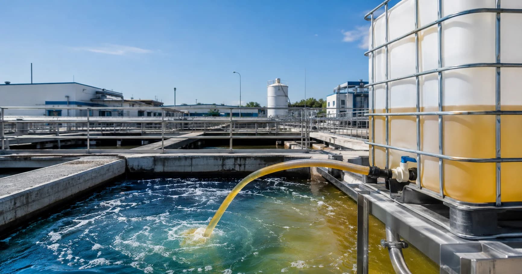 Planta de tratamiento de agua industrial con tanques IBC dosificando PAC líquido en piletas de coagulación